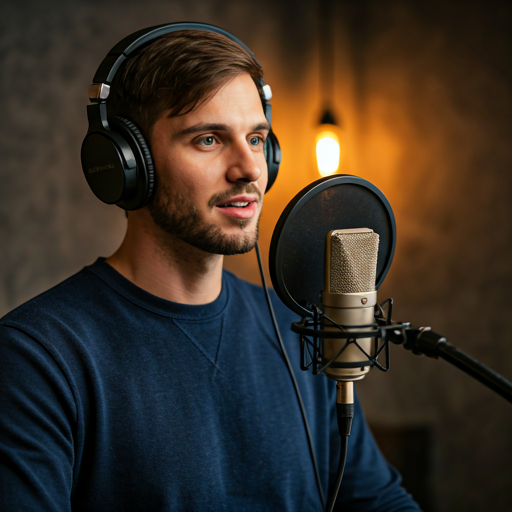 Modern creative professional wearing headphones speaking into a professional studio microphone with warm ambient lighting