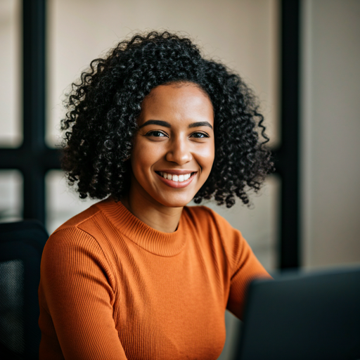 Professional woman smiling warmly in an office setting with natural light, representing a satisfied podcast creator